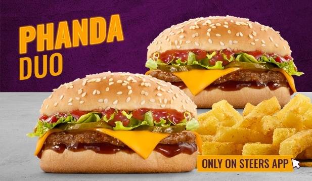 Phanda Duo burger promotion featuring two juicy cheeseburgers with melted cheddar cheese, fresh lettuce, bbq sauce and chips