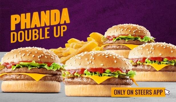 Phanda Double Up burgers featuring four cheeseburgers with beef patties, melted cheddar cheese, fresh lettuce and chips