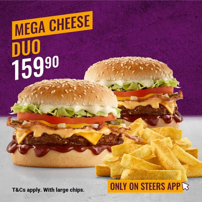 Mega Cheese Duo Meal with 2x Mo' Cheese Burgers and large chips